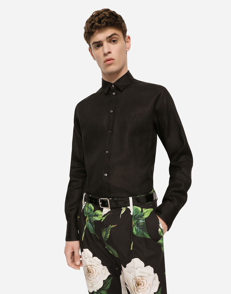 Dolce & Gabbana Linen Martini-fit shirt with DG embroidery Black G5EJ1ZFU4IK