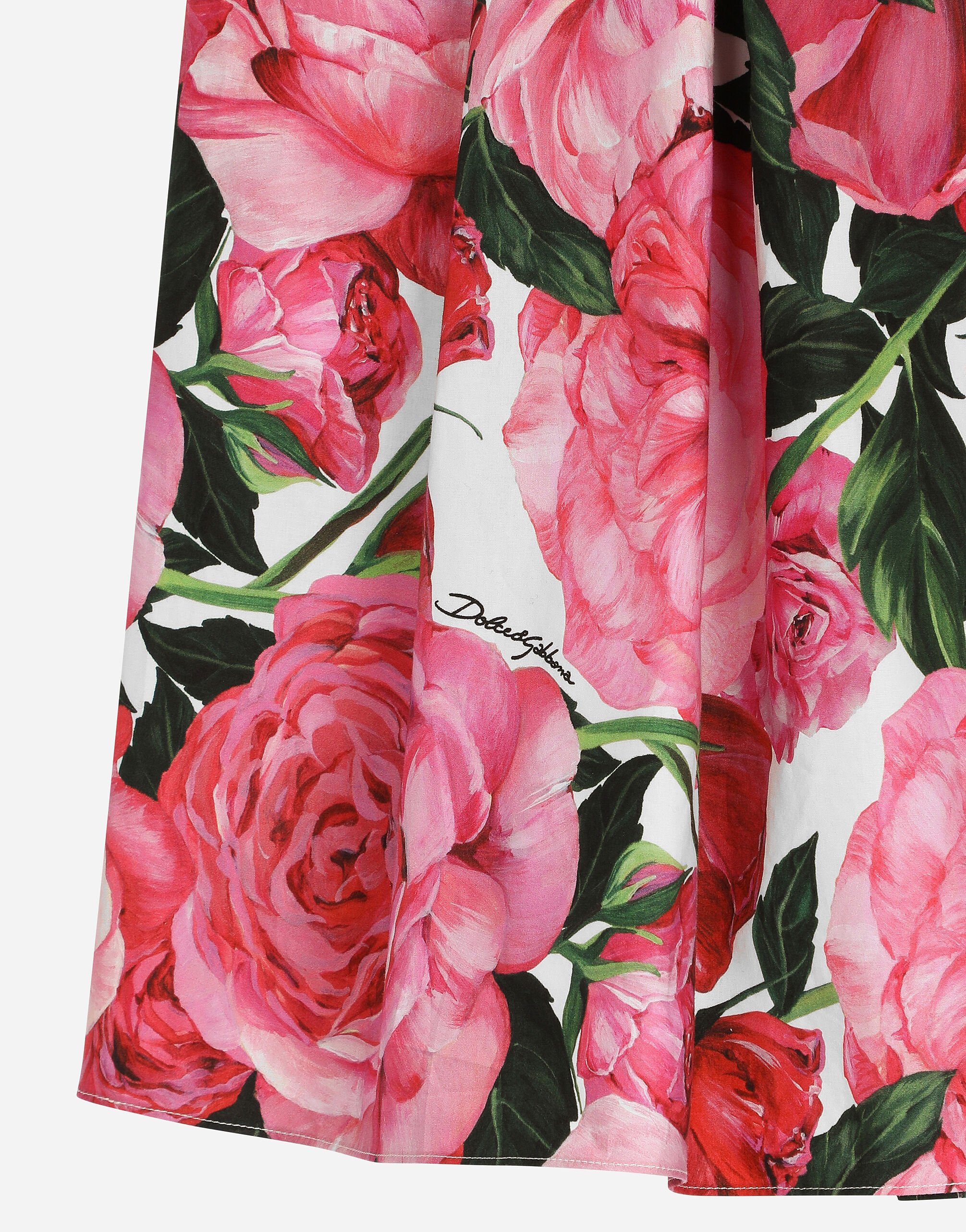 Poplin dress with rose print over a white background in
