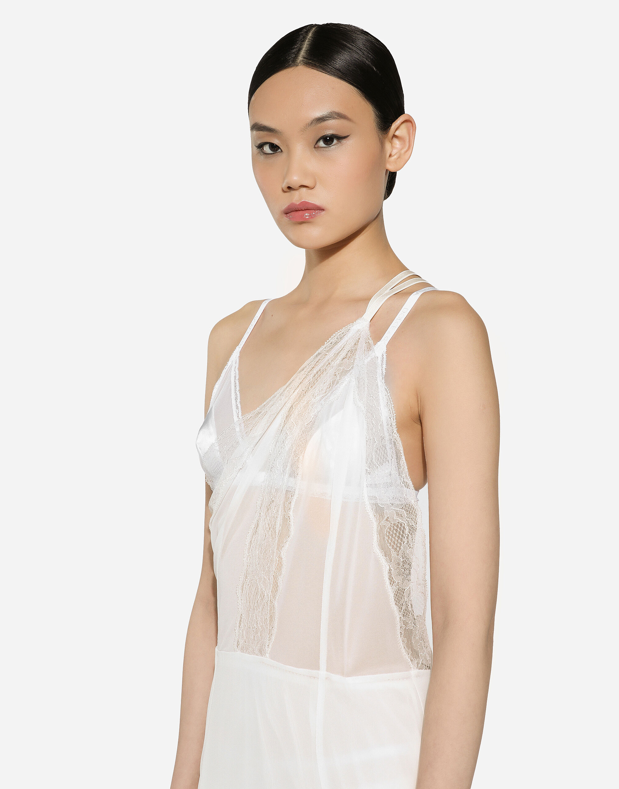 Organzine and lace calf-length dress with asymmetrical neckline in