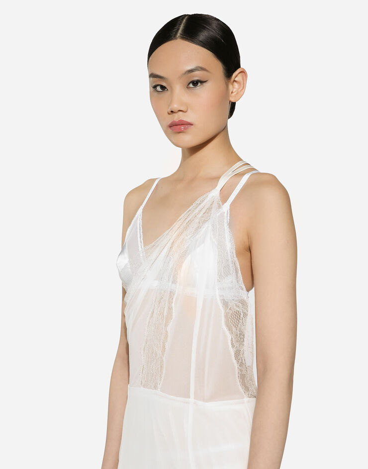Dolce & Gabbana Organzine and lace calf-length dress with asymmetrical neckline White F6JCBTGDCFA
