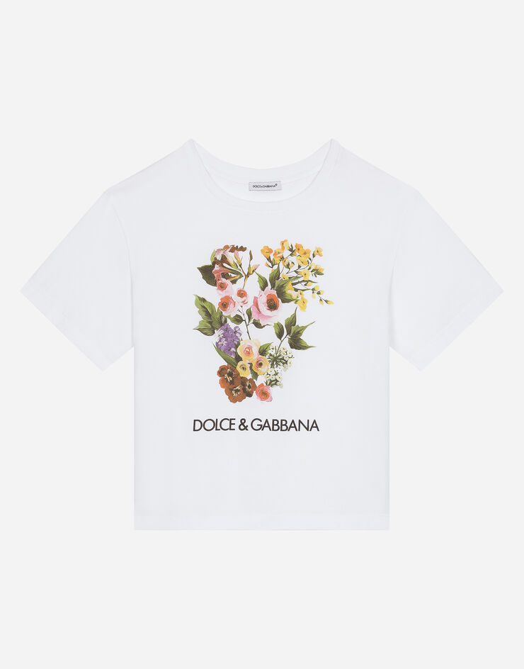 Dolce & Gabbana T-Shirt aus Jersey Blumenmix-Print Weiss L5JTHWG7M1Y