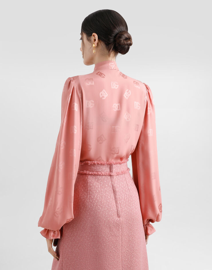 Dolce & Gabbana Silk jacquard pussy-bow shirt with DG logo Pink F5T40TFJ1JO