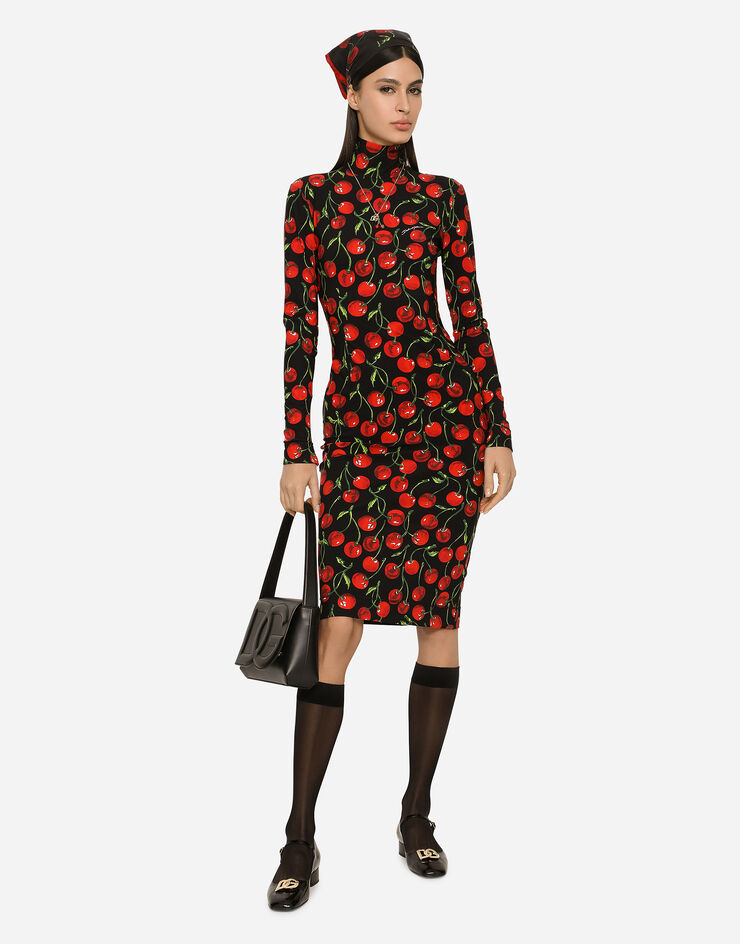 Dolce&Gabbana Long-sleeved jersey midi dress with cherry print Multicolor F6AJMTFSG54