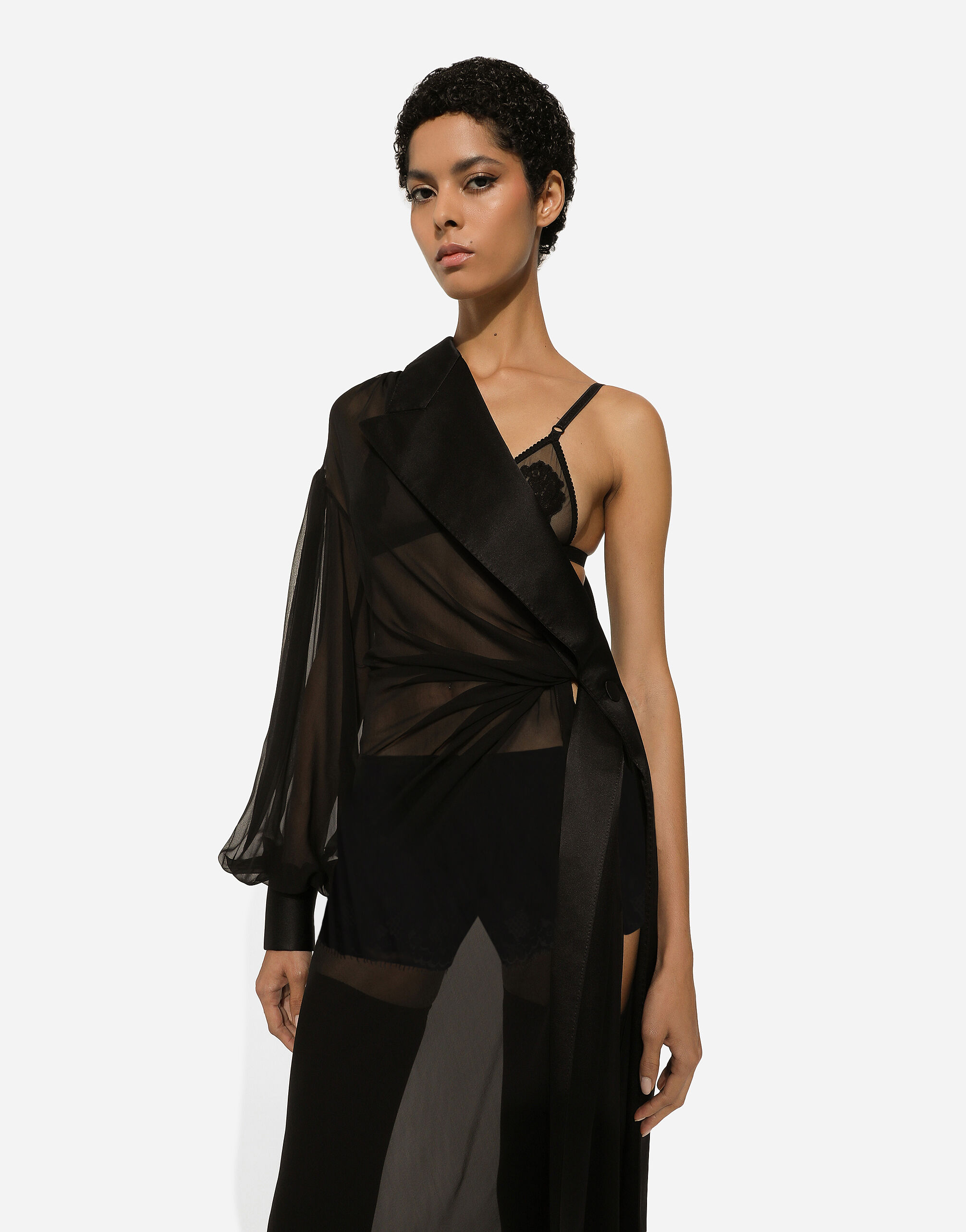 【D&G】Dolce & Gabbana ワンピース ブラック 長袖 Long chiffon one-shoulder dress in Black for Women