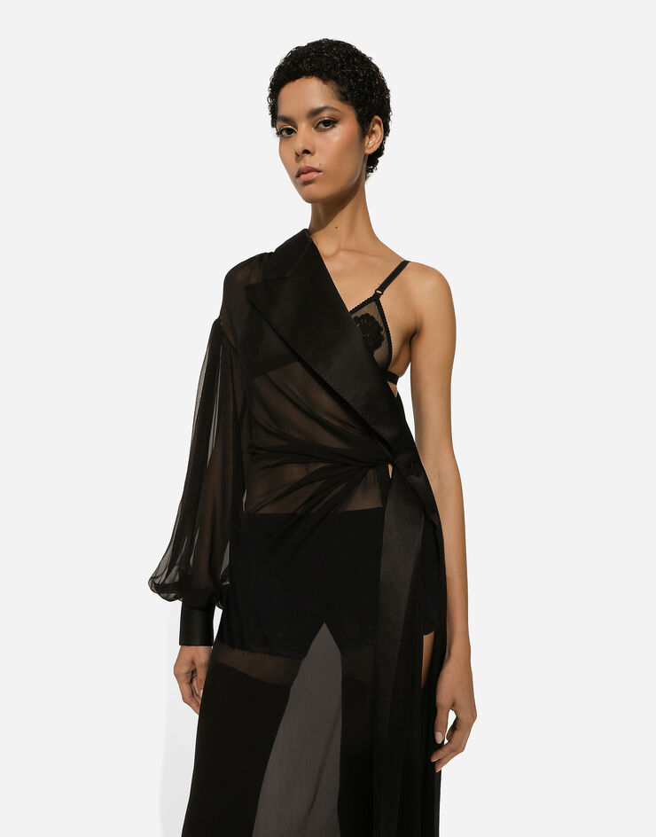 Dolce & Gabbana Langes One-Shoulder-Kleid aus Chiffon Black F6JHETFU1AT