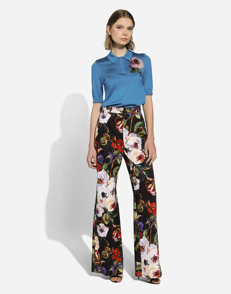 Dolce & Gabbana Poloshirt aus Seide mit Blumenapplikation Grün FXZ01ZJBSHY