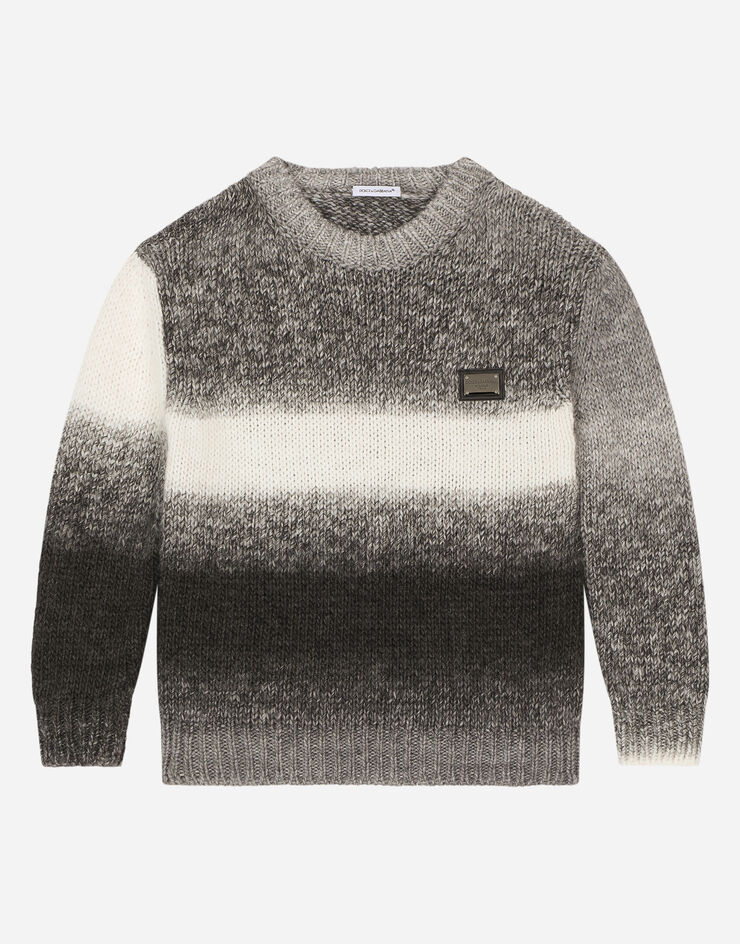 DolceGabbanaSpa Maglione girocollo in maglia degrade con placca logata Grey L4KWE1JFMH3