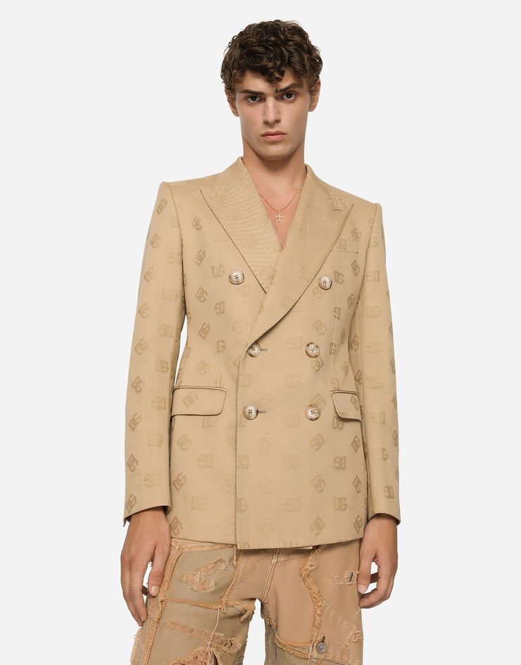 Dolce & Gabbana Chaqueta de traje Sicilia con botonadura doble en jacquard de algodón con DG Beige G2QU4TFJ6B4