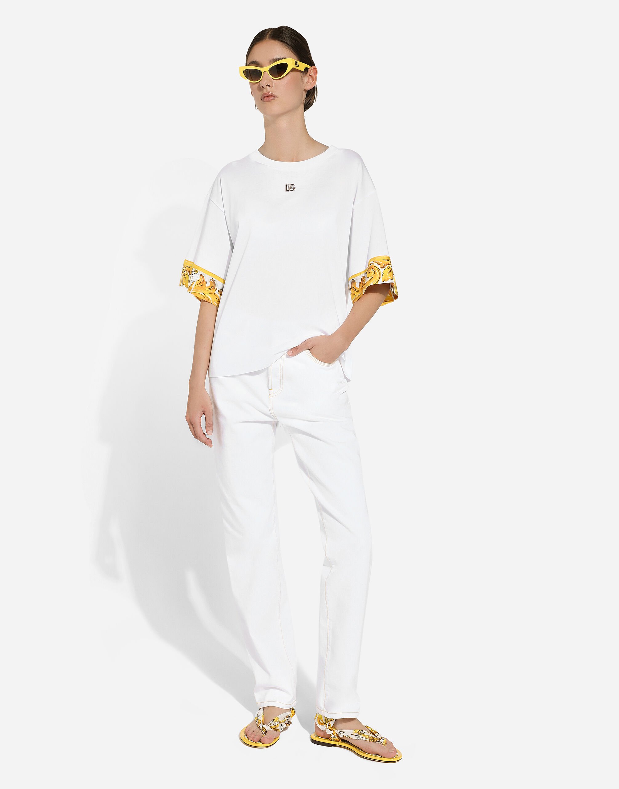 Cotton jersey T-shirt with majolica-print silk twill details