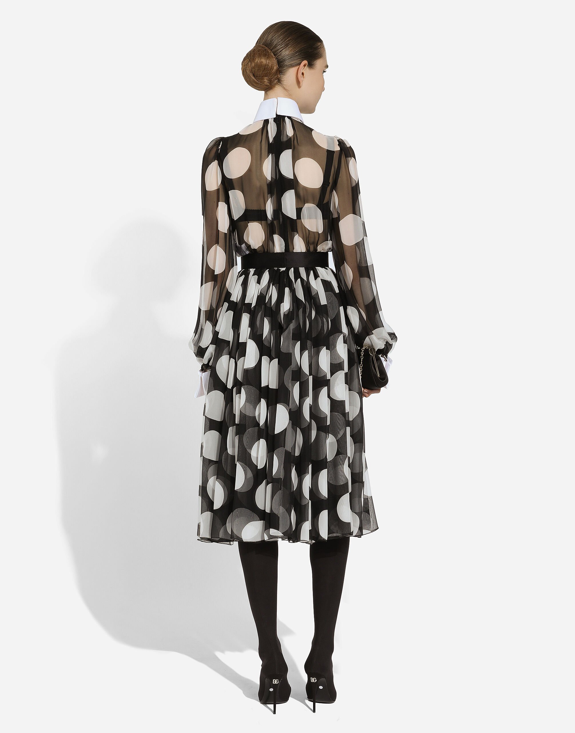 Polka-dot chiffon calf-length dress with piqué details in Polka-dot chiffon calf-length dress with piqué details in
