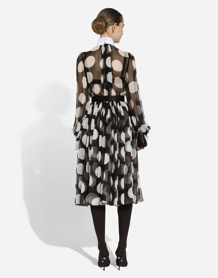 Dolce & Gabbana 피케 디테일 & 폴카 도트 프린트 시폰 미드카프 드레스 인쇄 F6JGHTHS10S