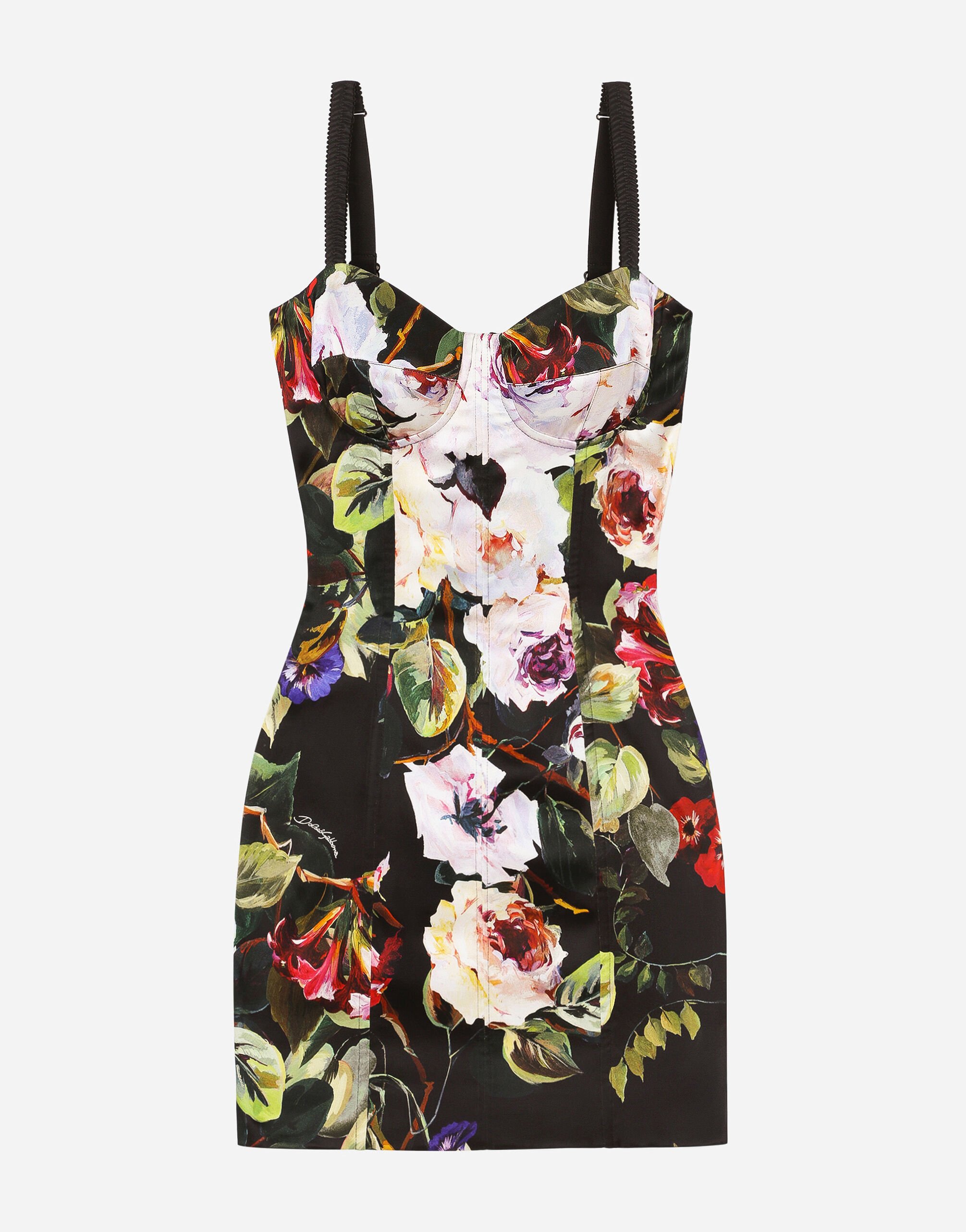 Dolce&Gabbana Short satin corset dress with rose garden print Black F79BRTHLM9K