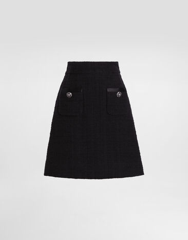 Dolce & Gabbana Short raschel tweed A-line skirt with bejeweled buttons Black F0G1VZFUBGE