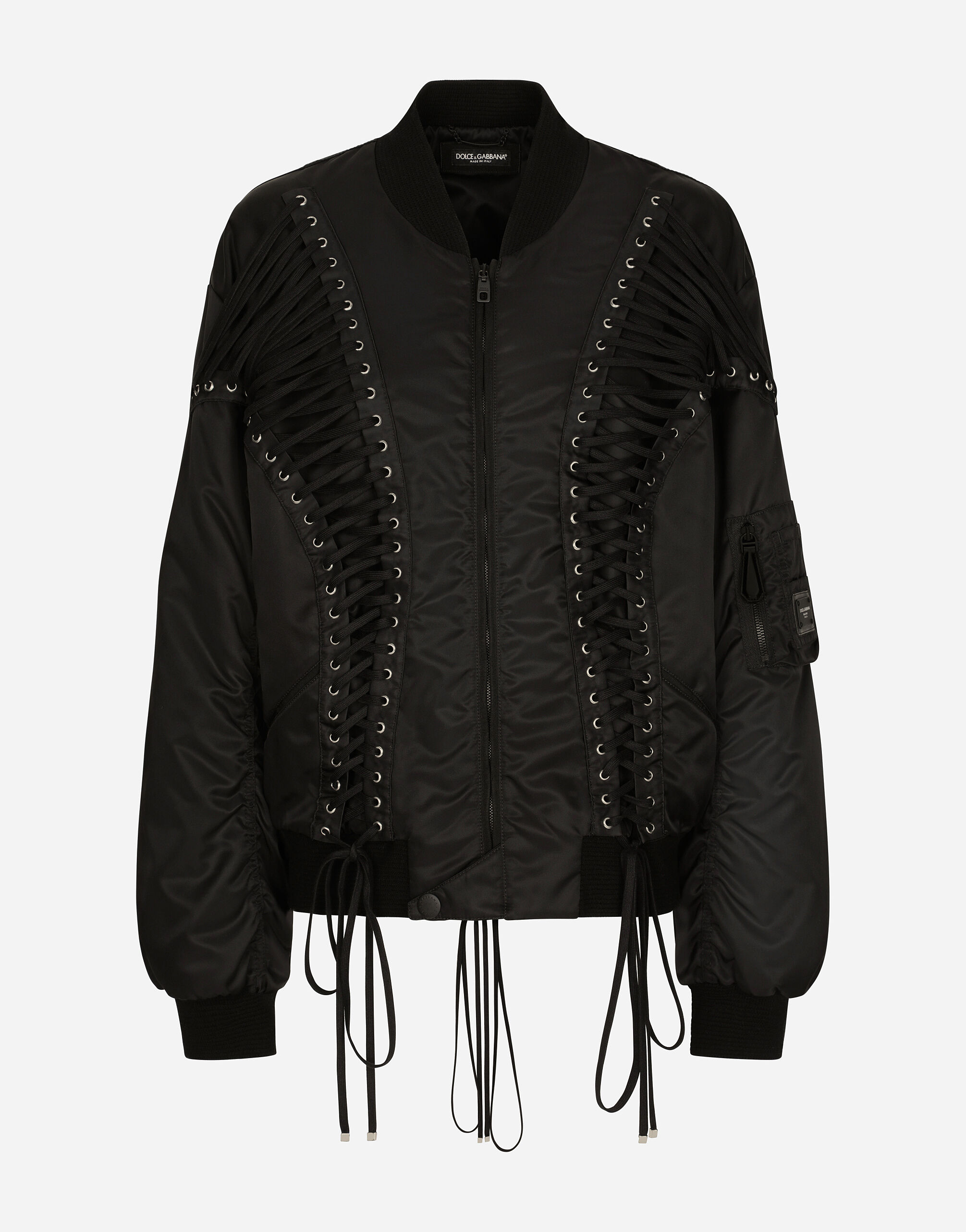 Technical fabric bomber jacket with laces and eyelets in Black for