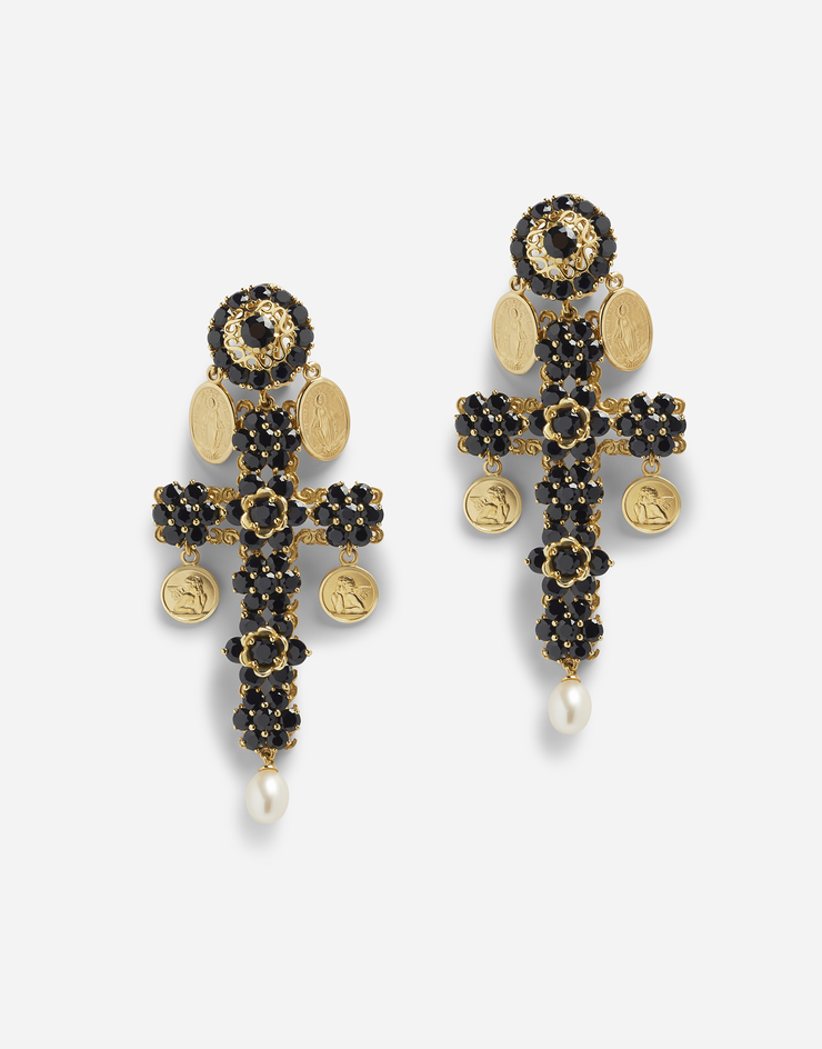 Dolce & Gabbana Boucles d’oreilles croix avec saphirs et petites médailles Doré/Noir WEDC2GW0001