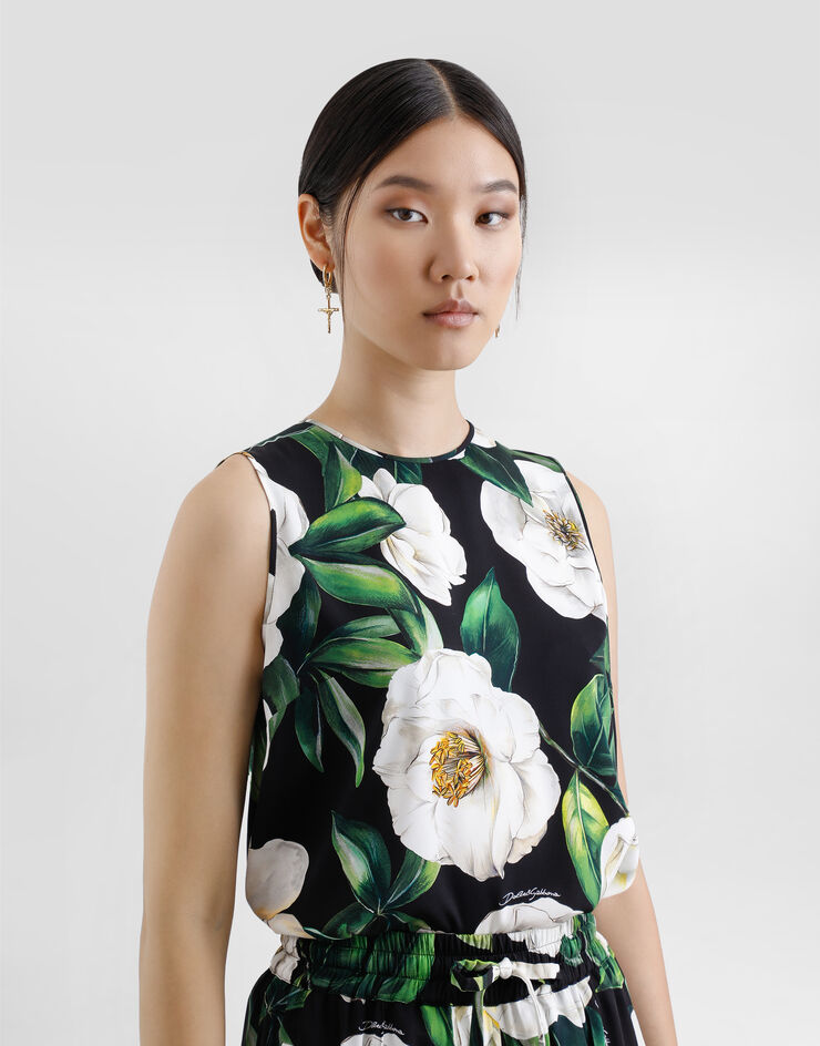 Dolce & Gabbana Sleeveless charmeuse top with gardenia print Print F7AO3TFSA7F