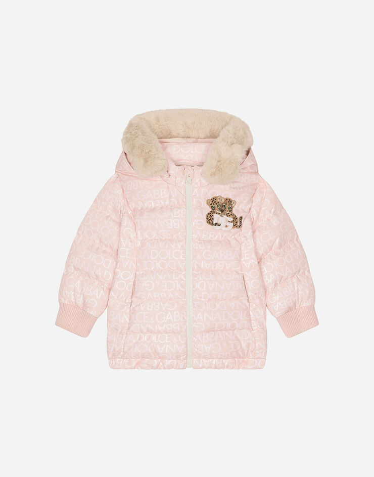 DolceGabbanaSpa Long nylon down jacket with all-over logo print Pink L2JBP0ISMFZ