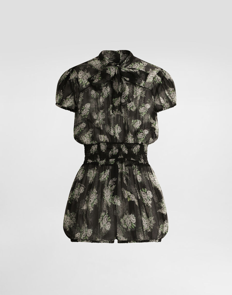 Small flower bouquet-print chiffon jumpsuit