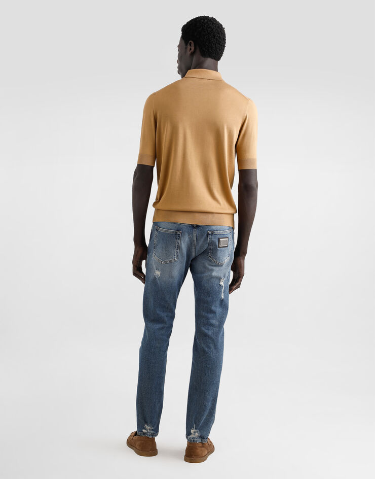 Dolce & Gabbana Polo in seta con logo ricamato Beige GXZ02ZJBSK3