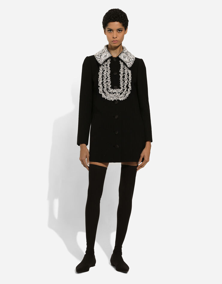 Dolce & Gabbana معطف صوف قصير بتفاصيل دانتيل أسود F0E1PTFUBCI