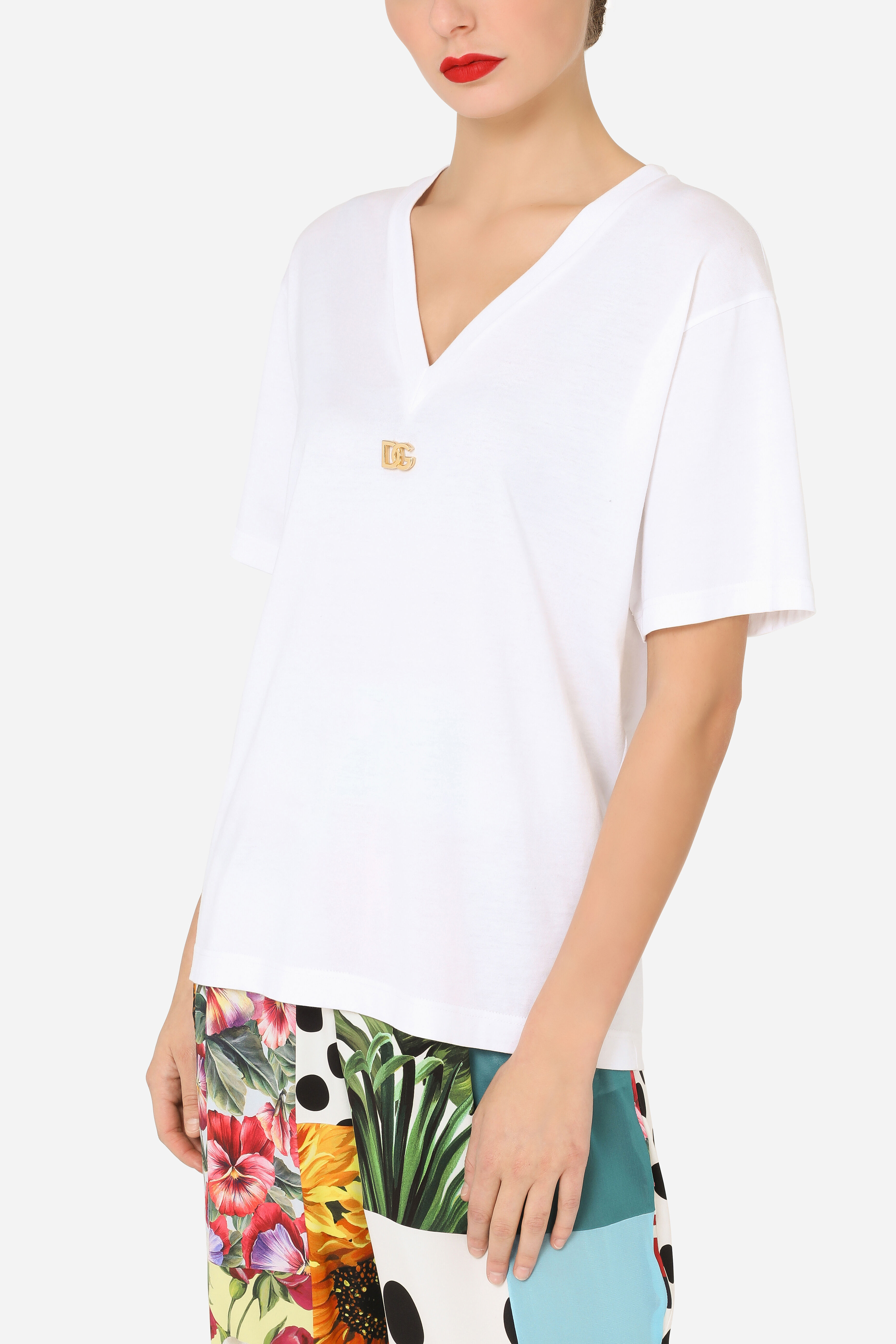 Oversized short-sleeved jersey t-shirt with DG logo in WHITE for