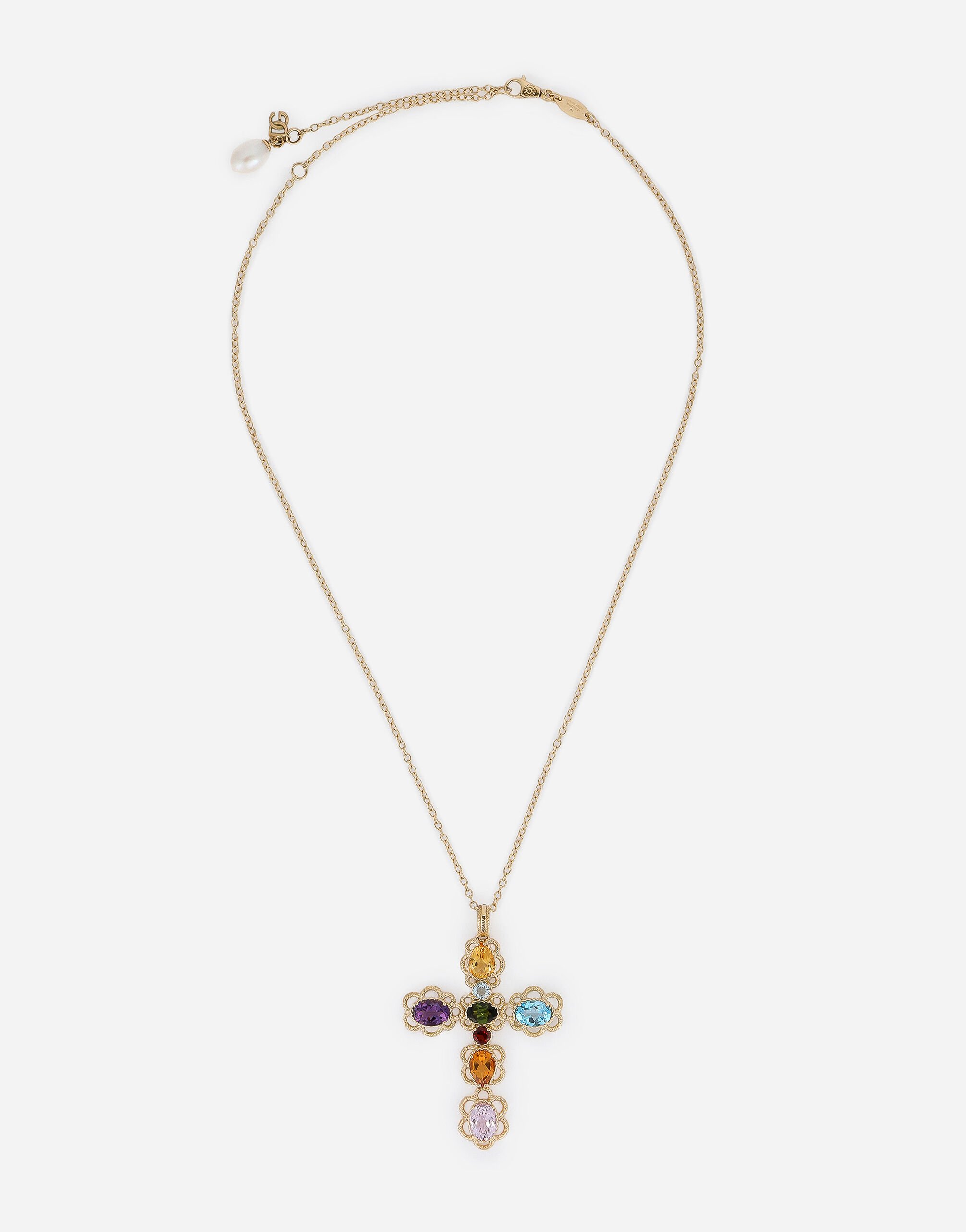 Dolce & Gabbana 18 kt yellow gold cross pendant  with multicolor fine gemstones Gold WAMR1GWMIX1