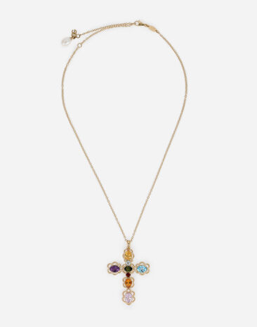 Dolce & Gabbana 18 kt yellow gold cross pendant  with multicolor fine gemstones Yellow Gold WELD2GWDPY1