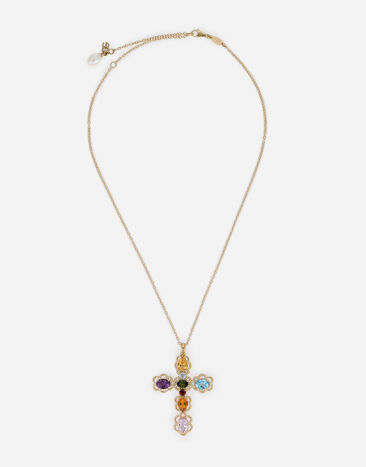 Dolce & Gabbana 18 kt yellow gold cross pendant  with multicolor fine gemstones Yellow Gold WNQR1GWMIX1