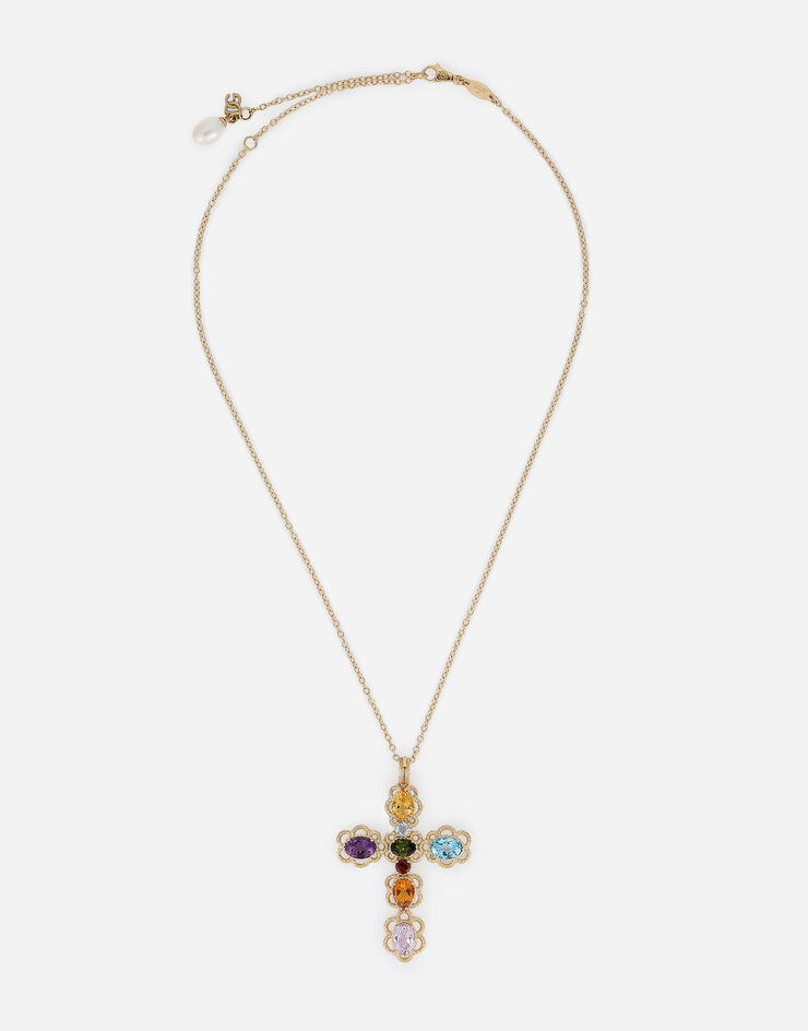 Dolce & Gabbana 18 kt yellow gold cross pendant  with multicolor fine gemstones Yellow Gold WAQR1GWMIX1