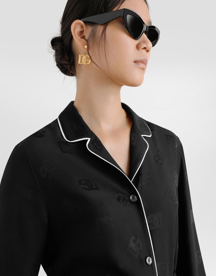 Dolce & Gabbana Camicia pigiama manica lunga in raso di seta jacquard logo DG Nero F5I89TFJ1JO