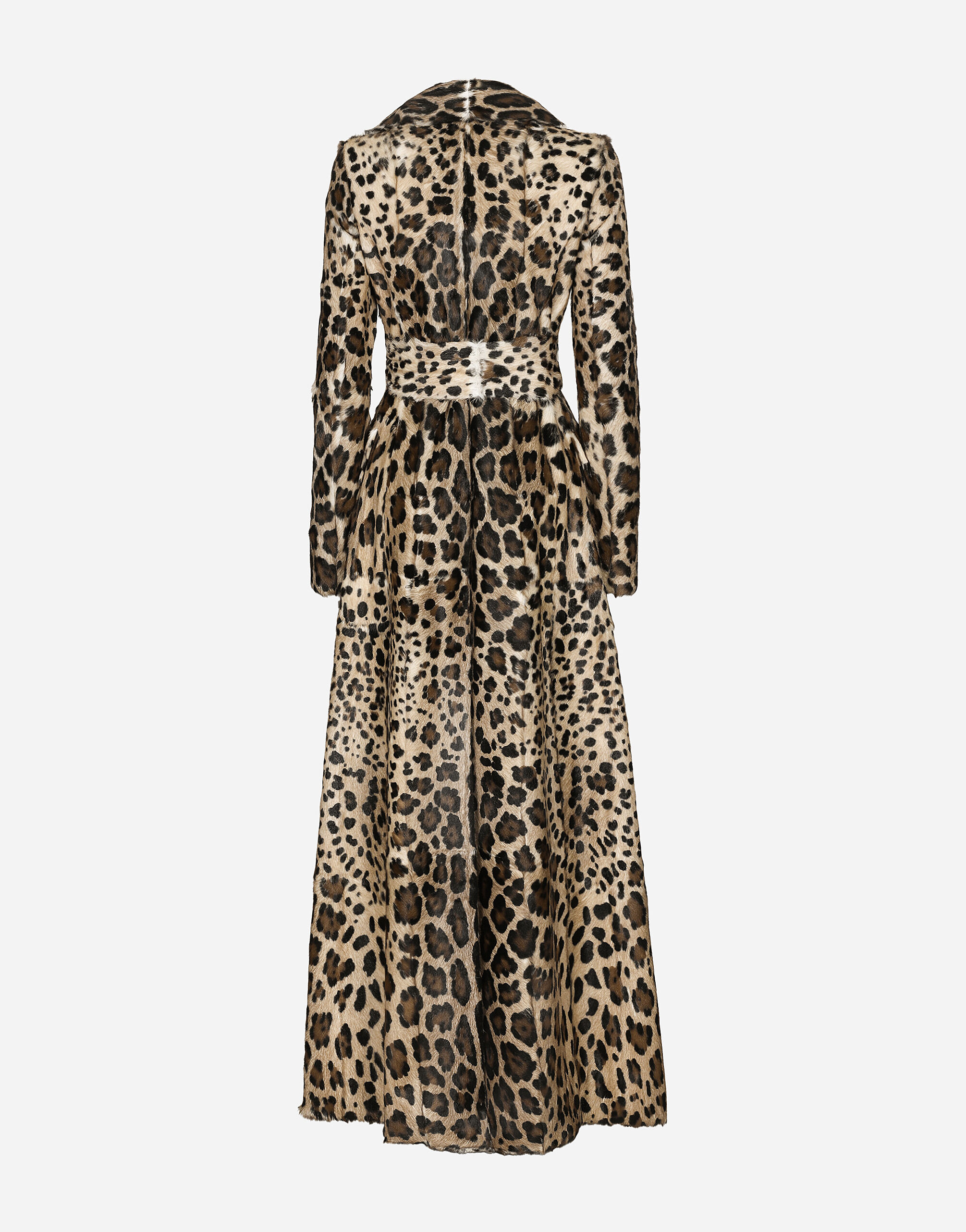 Double-breasted leopard-print goatskin coat with belt in