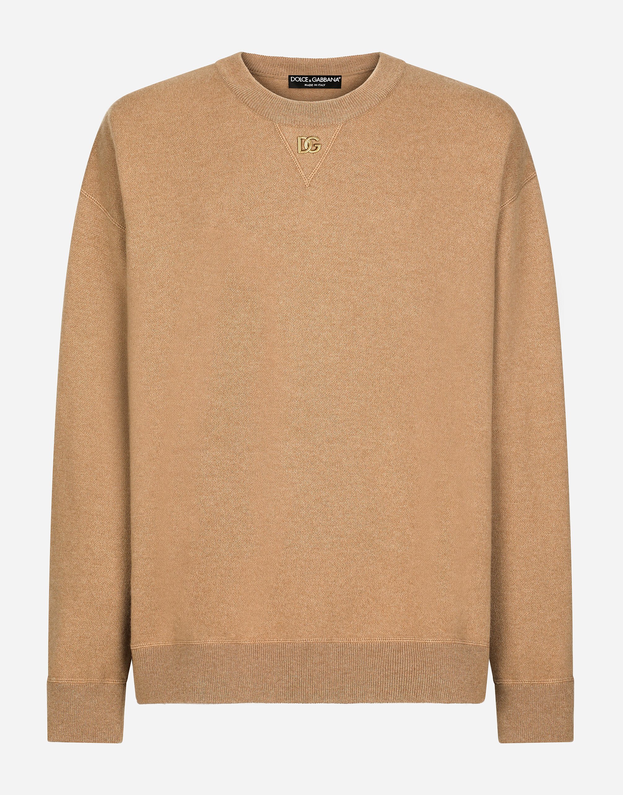Cashmere round neck sweater with DG logo in Beige for Men Dolce Gabbana US