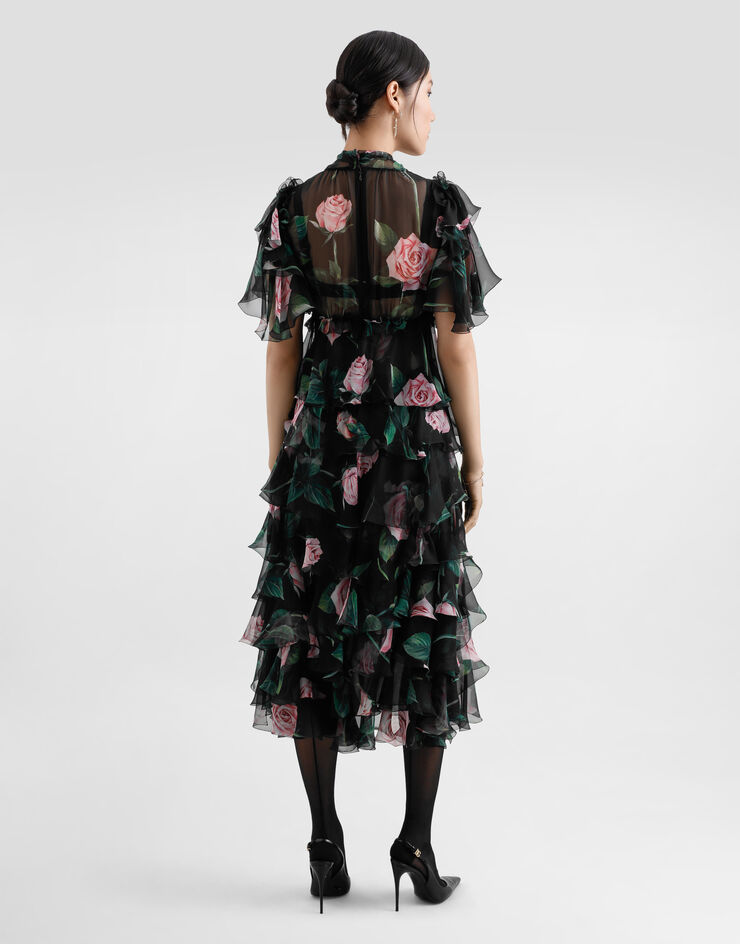 Dolce & Gabbana Rose-print chiffon calf-length dress with ruffles and flounces Print F6B3ITIS1XA