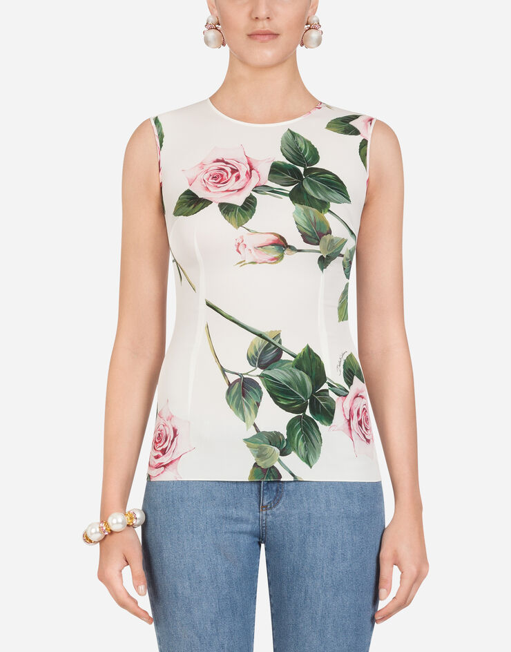 Dolce & Gabbana SLEEVELESS TROPICAL ROSE PRINT CHARMEUSE TOP FLORAL PRINT F73A1TFSAZD