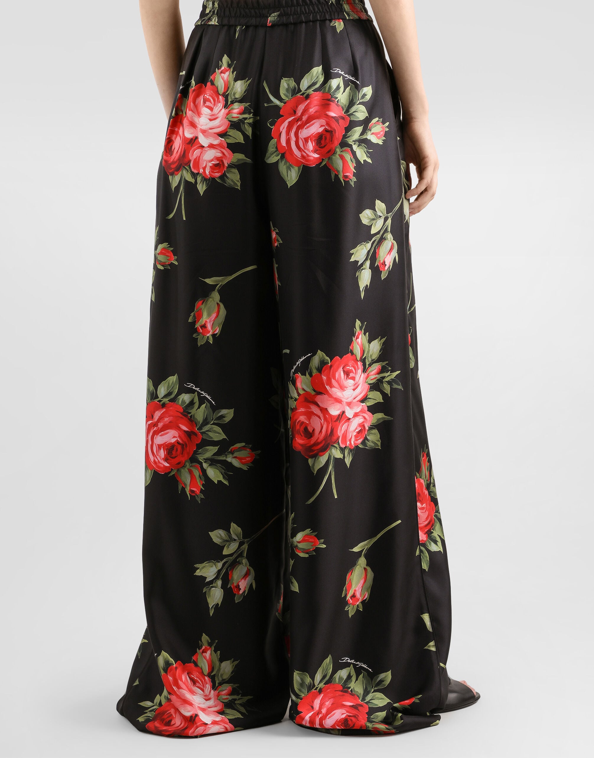 Rose bouquet-print wide twill trousers in Multicolor for Women