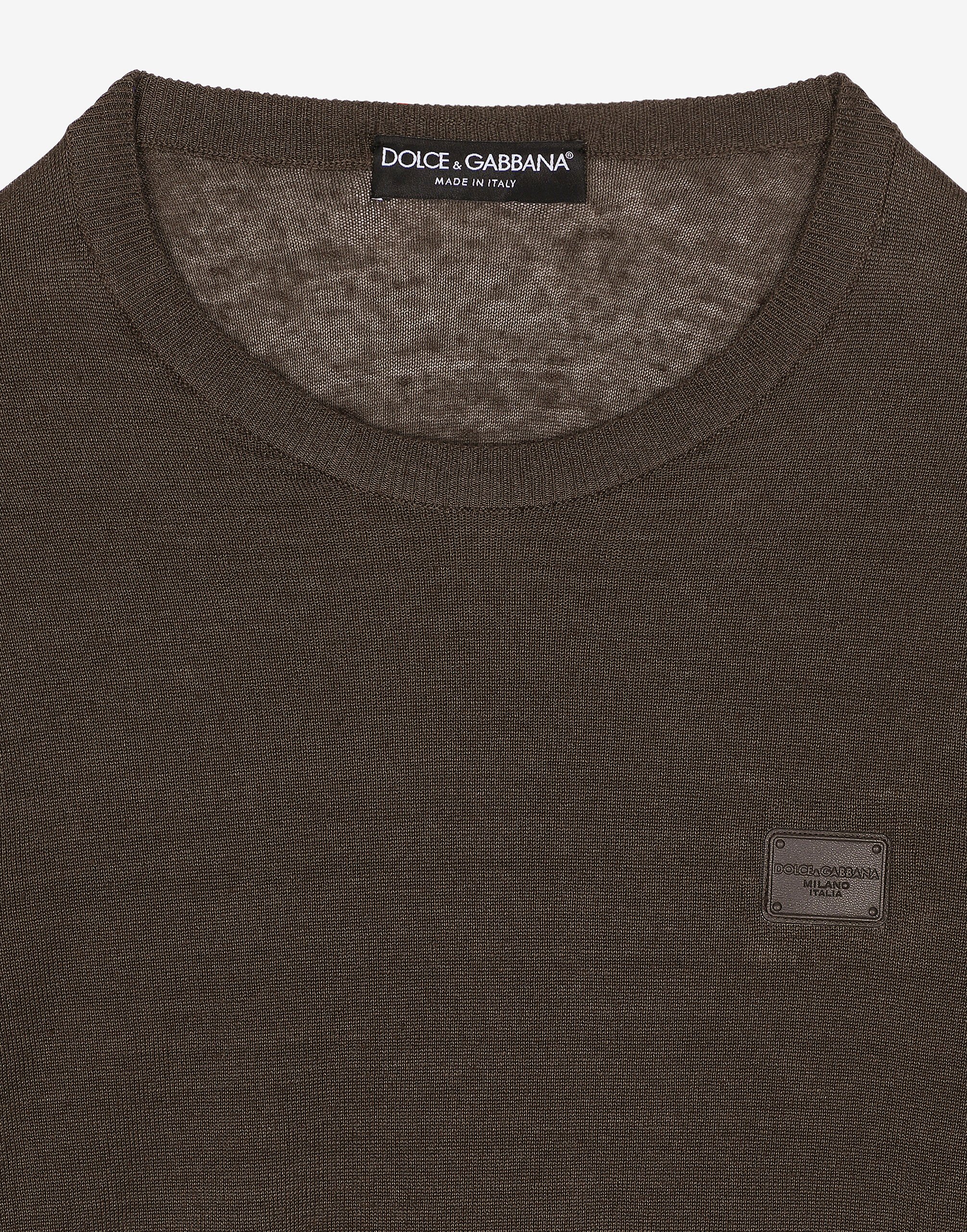 Linen round neck sweater with branded tag in Grey for Men Dolce Gabbana