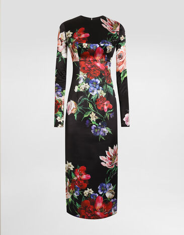 Dolce & Gabbana Satin calf-length round-neck dress with floral print Print F6IAPTFSUBV