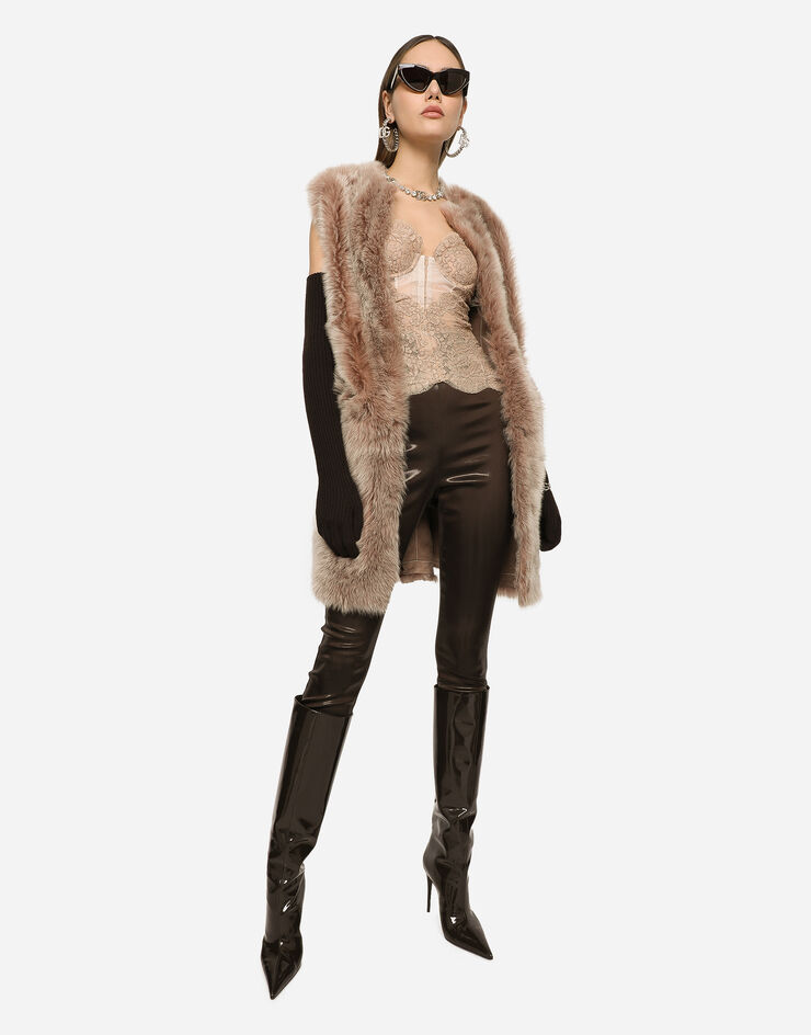 Dolce&Gabbana Shiny satin leggings with branded elastic Brown FTCNATFURMV