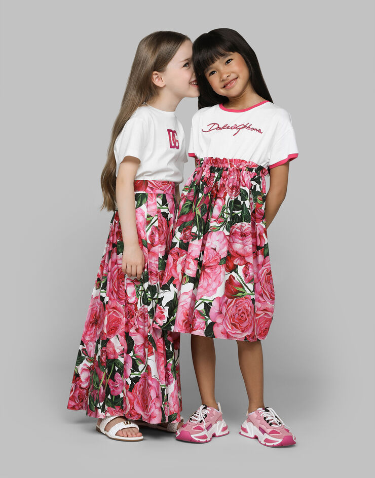 Dolce & Gabbana Kleid aus Jersey und Popeline mit Rosenprint auf weißem Grund Drucken L5JD9HG7NZR