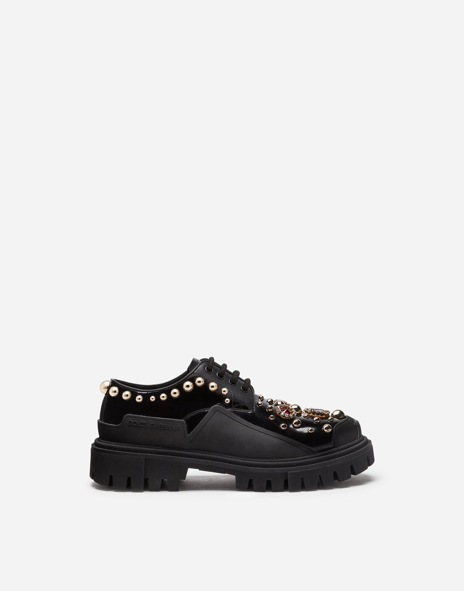 Polished calfskin derby shoes with stud embellishment