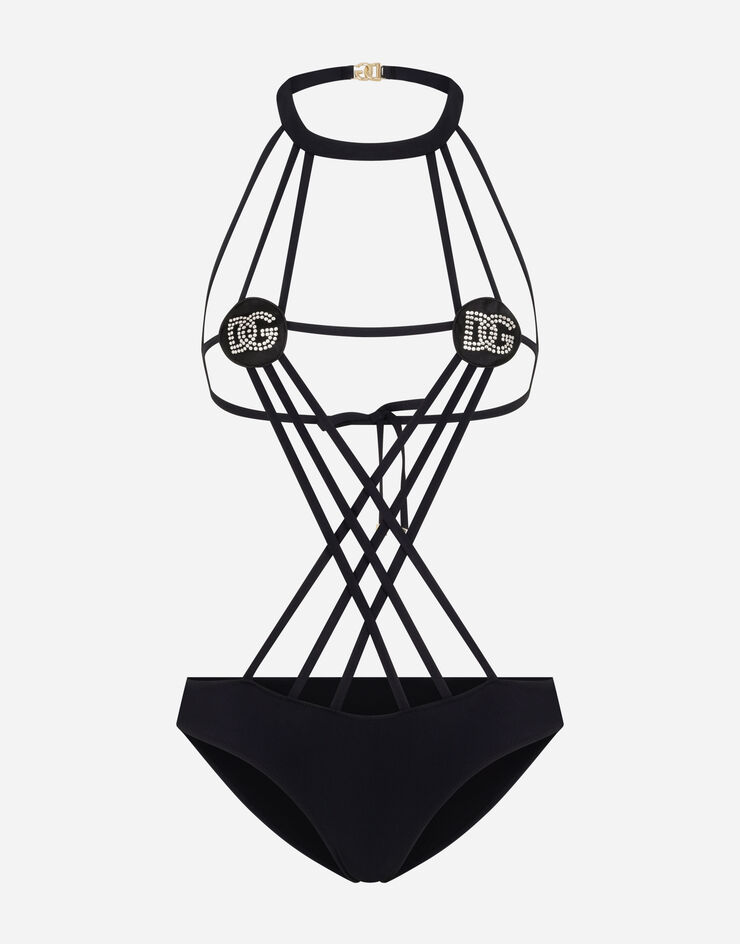 Dolce & Gabbana DG 徽标与交叉造型系带泳衣 黑 O9B09JFUGA2
