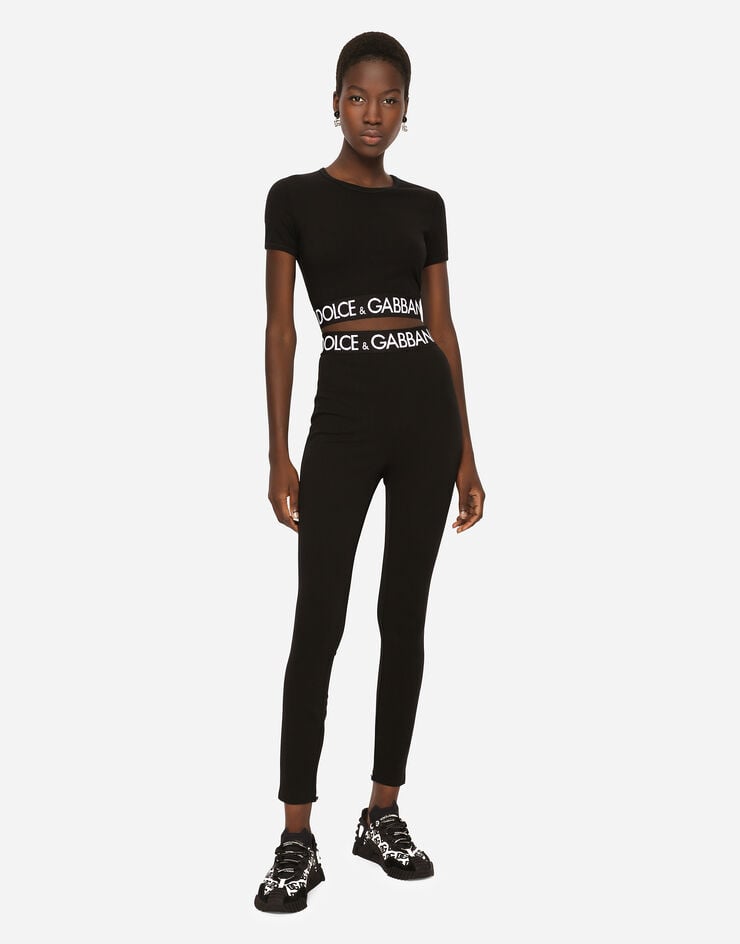 Dolce & Gabbana Camiseta corta en punto con logotipo en el elástico Black F8N50TFUEEY
