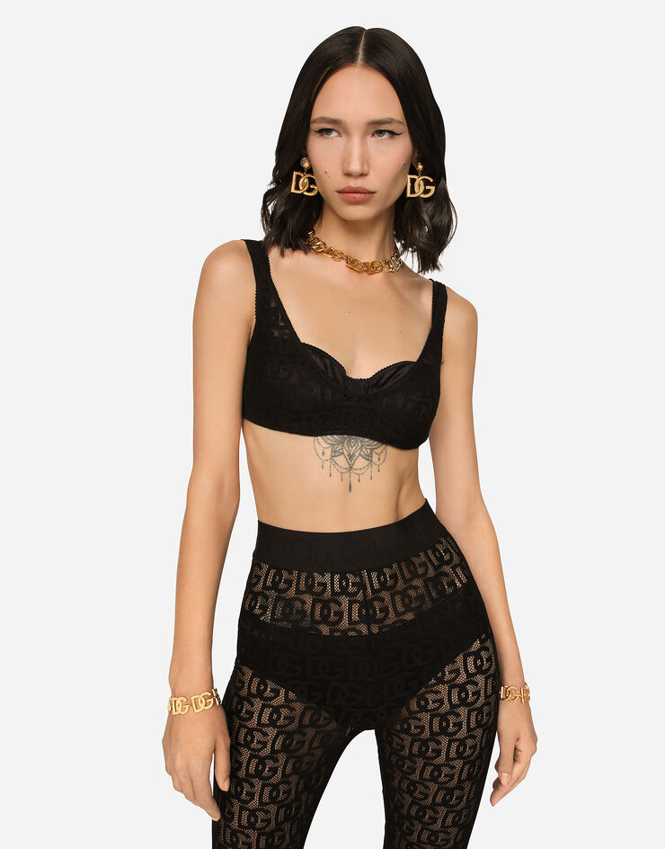 Dolce & Gabbana Tulle jacquard top with all-over DG logo Black F770DTFLEAQ