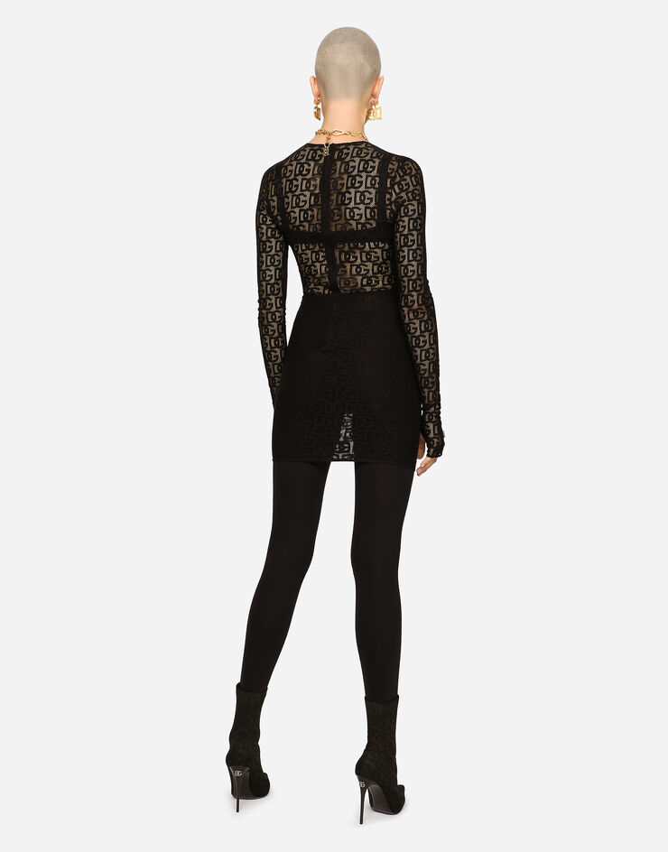 Dolce & Gabbana Short tulle dress with all-over DG logo Black F6ATTTFLEAQ