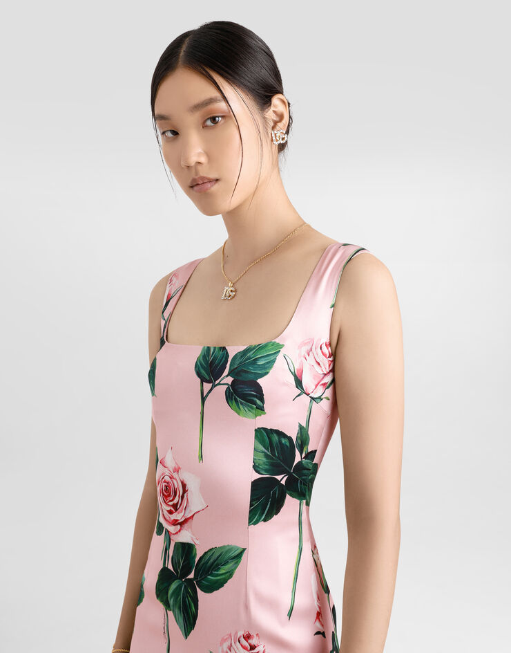 Dolce & Gabbana Satin calf-length sheath dress with rose print Print F6TKZTFSIBT