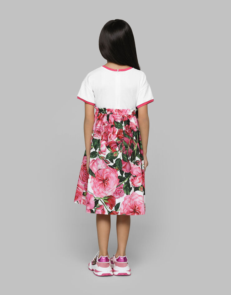 Dolce & Gabbana Kleid aus Jersey und Popeline mit Rosenprint auf weißem Grund Drucken L5JD9HG7NZR