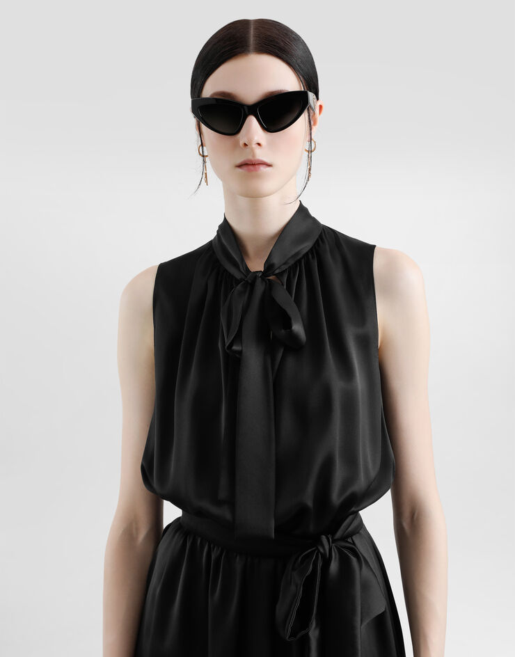 Dolce & Gabbana Satin calf-length dress with pussy-bow Black F6JTETFU1AU