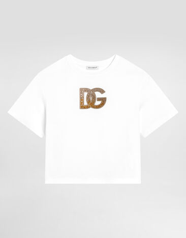 Dolce & Gabbana Kurzärmeliges T-Shirt aus Jersey mit DG-Strasslogo Weiss L5JTNLG7PHN