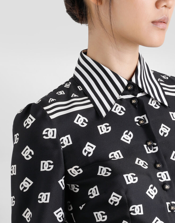 Dolce & Gabbana Twill calf-length shirt dress with all-over DG logo scarf print Black F6TMNTGDCVJ