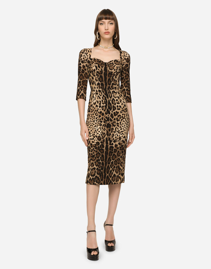 Dolce & Gabbana Vestido longuette en cady estampado leopardo Multicolor F6C1ETFSRKI